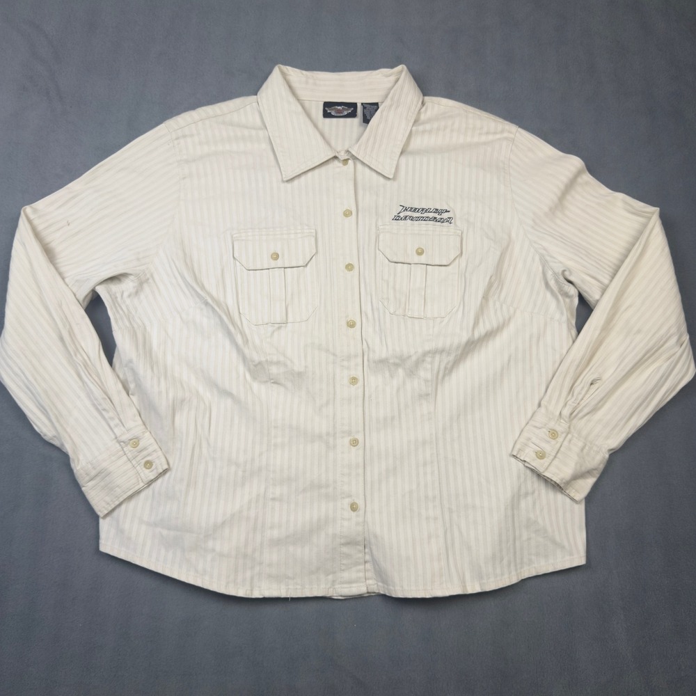 Harley-Davidson Pinstripe Button Up Shirt Mens 3W Cream Long Sleeve 96034-06VW